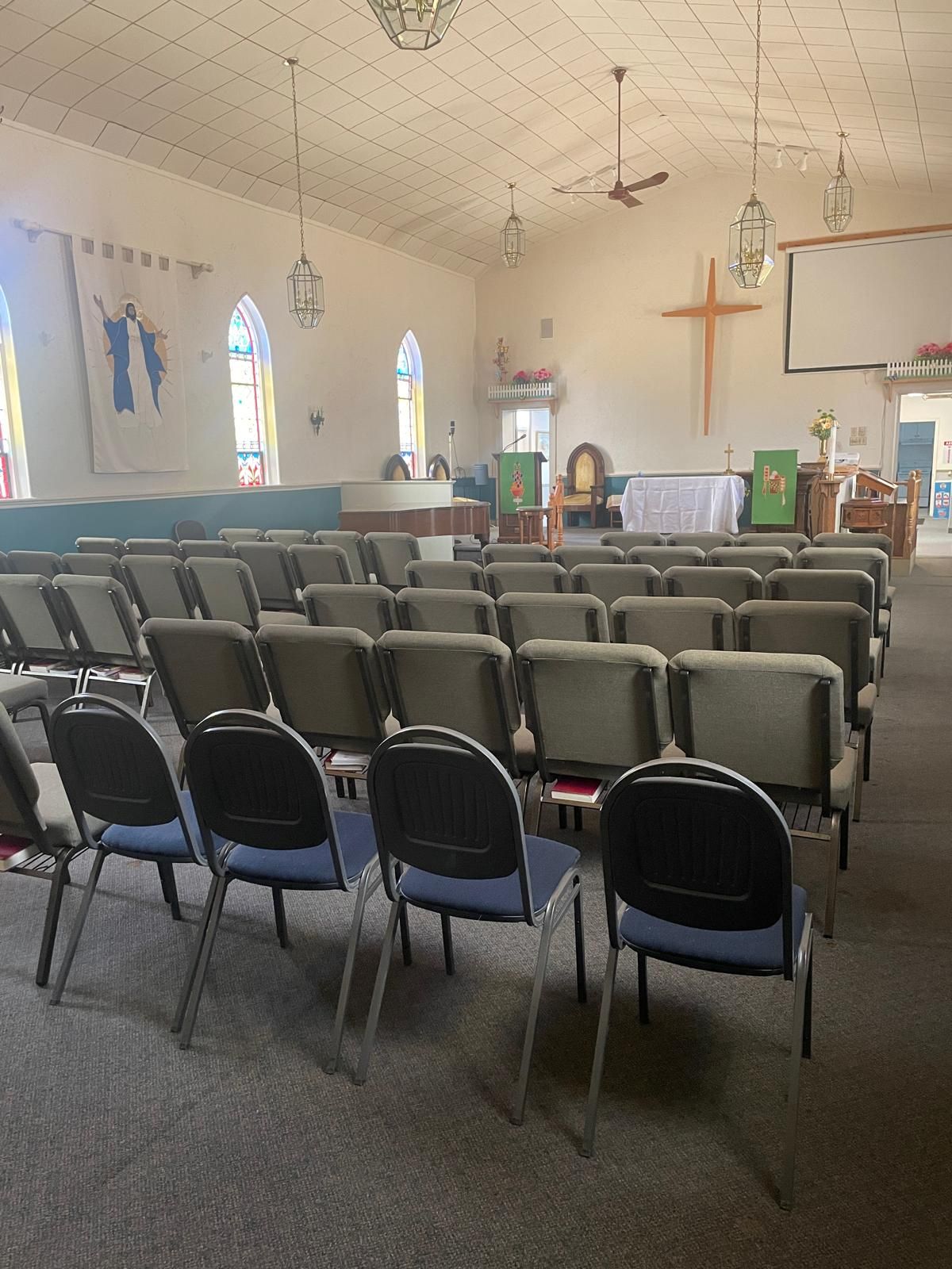 Interior of Caledon East United Church prepared for worship